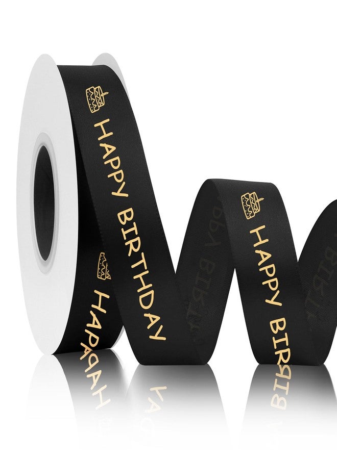 STARKET 25 Yards Happy Birthday Ribbon for Flower Bouquet Black 1 Inch Black Ribbon for Gift Wrapping Birthday Ribbons with Gold Printed for Decor Bow for Cake - Image 1